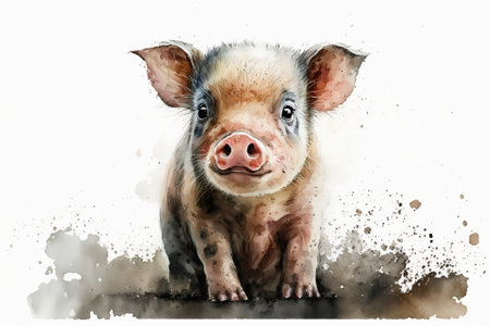 Watercolor pig illustration white backgroundの写真素材