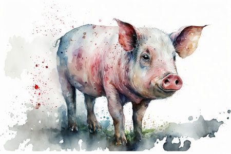 Watercolor pig illustration white backgroundの写真素材