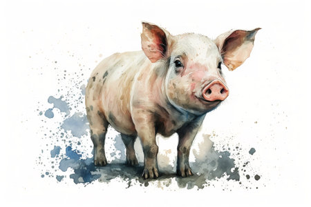 Watercolor pig illustration white backgroundの写真素材