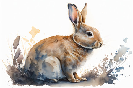 Watercolor rabbit illustration white backgroundの写真素材