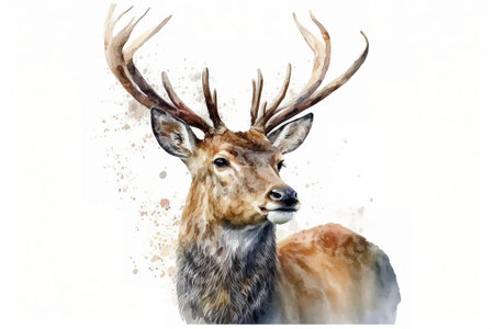 Watercolor sika deer illustration white backgroundの写真素材