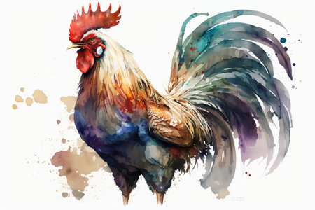 Watercolor rooster illustration white backgroundの写真素材