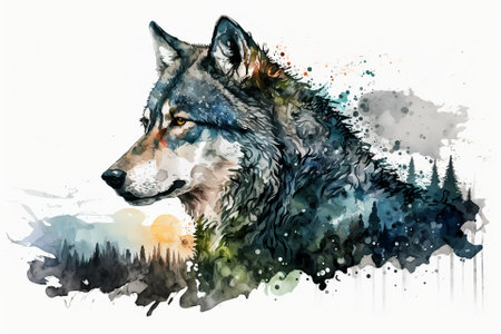 Watercolor white wolf illustration white backgroundの写真素材