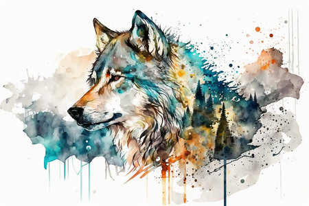 Watercolor white wolf illustration white background