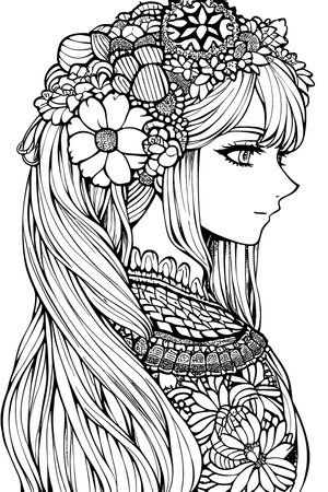 A beautiful girl, featuring decorations and costumes, doodle, coloring book. Vector illustrationのイラスト素材