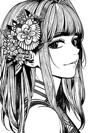 A beautiful girl, featuring decorations and costumes, doodle, coloring book. Vector illustrationのイラスト素材