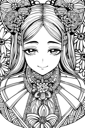 A beautiful girl, featuring decorations and costumes, doodle, coloring book. Vector illustrationのイラスト素材