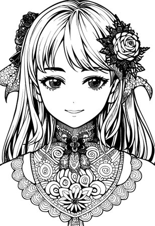 A beautiful girl, featuring decorations and costumes, doodle, coloring book. Vector illustrationのイラスト素材