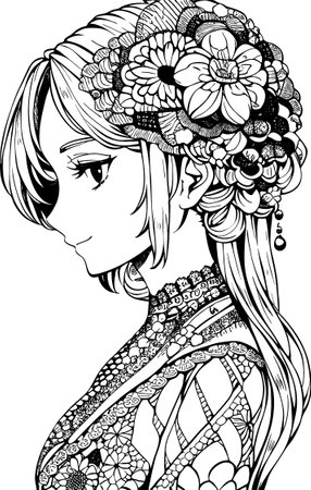 A beautiful girl, featuring decorations and costumes, doodle, coloring book. Vector illustrationのイラスト素材