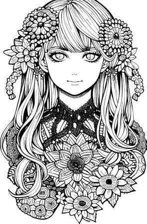 A beautiful girl, featuring decorations and costumes, doodle, coloring book. Vector illustrationのイラスト素材