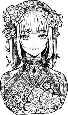 A beautiful girl, featuring decorations and costumes, doodle, coloring book. Vector illustrationのイラスト素材
