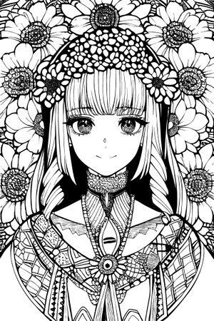 A beautiful girl, featuring decorations and costumes, doodle, coloring book. Vector illustrationのイラスト素材
