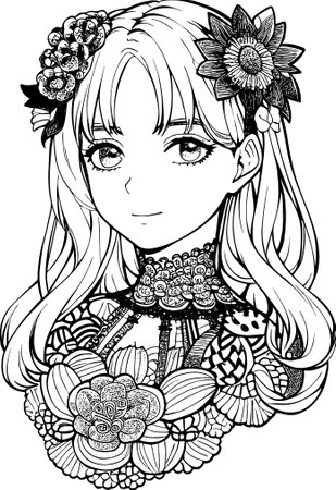 A beautiful girl, featuring decorations and costumes, doodle, coloring book. Vector illustrationのイラスト素材