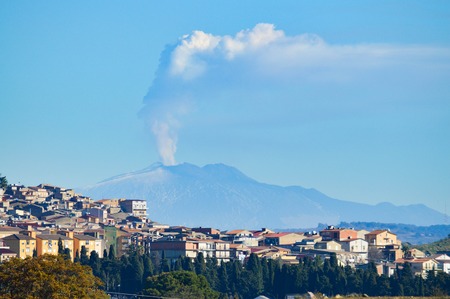 View of Mazzarino with the Mount Etna in the Background, Caltanissetta, Sicily, Italy, Europeの写真素材