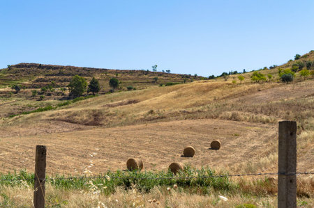 Beautiful Sicilian Landscape after the Harvest, Mazzarino, Caltanissetta, Sicily, Italy, Europeの写真素材