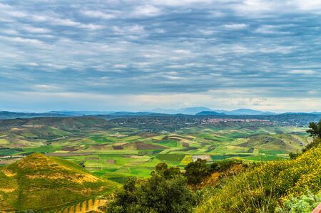 Green Sicilian Valley with a Wonderful Cloudscape, Mazzarino, Caltanissetta, Sicily, Italy, Europeの写真素材