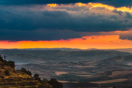 Wonderful Sicilian Landscape at Sunset During a Cloudy Day, Mazzarino, Caltanissetta, Sicily, Italy,...