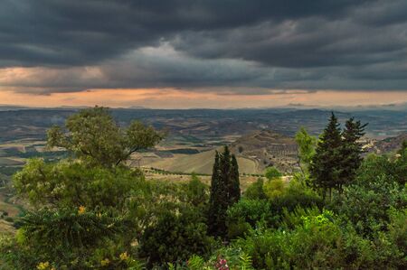 Wonderful Sicilian Landscape at Sunset During a Cloudy Day, Mazzarino, Caltanissetta, Sicily, Italy, Europeの写真素材