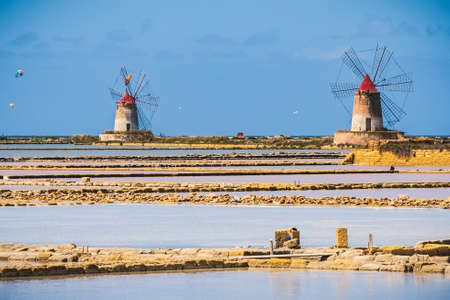 Marsala Salt Pans with the Windmills, Trapani, Sicily, Italy, Europeの写真素材