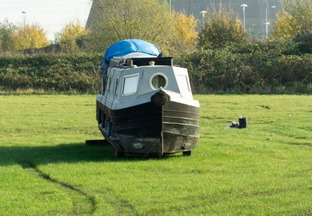 Narrow boat in a fieldの写真素材