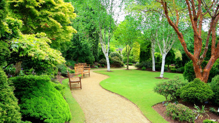 Gravel path and benches in a formal garden.の写真素材