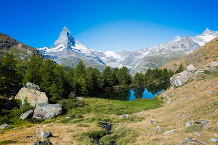 Grindjisee - beautiful lake with reflection of Matterhorn at Zermatt, Switzerlandの写真素材