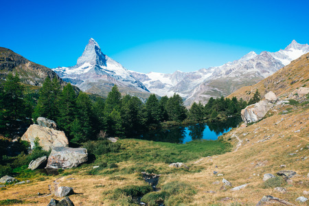 Grindjisee - beautiful lake with reflection of Matterhorn at Zermatt, Switzerlandの写真素材