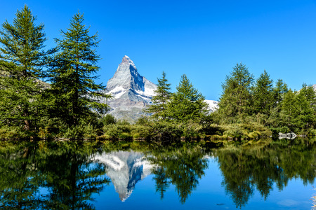 Grindjisee - beautiful lake with reflection of Matterhorn at Zermatt, Switzerlandの写真素材