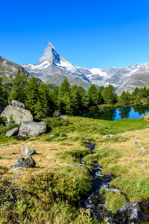 Grindjisee - beautiful lake with reflection of Matterhorn at Zermatt, Switzerlandの写真素材