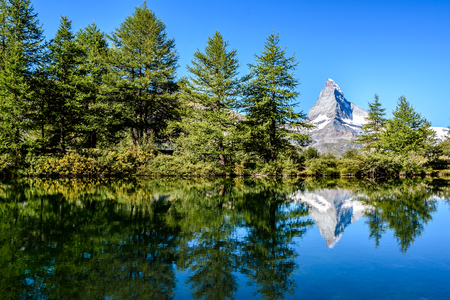 Grindjisee - beautiful lake with reflection of Matterhorn at Zermatt, Switzerlandの写真素材