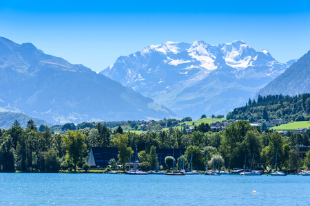 Thuner lake at Thun with beautiful panorama view to mountain scenery - Switzerlandの写真素材