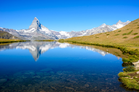 Stellisee - beautiful lake with reflection of Matterhorn - Zermatt, Switzerlandの写真素材