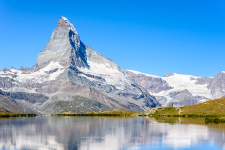 Stellisee - beautiful lake with reflection of Matterhorn - Zermatt, Switzerlandの写真素材