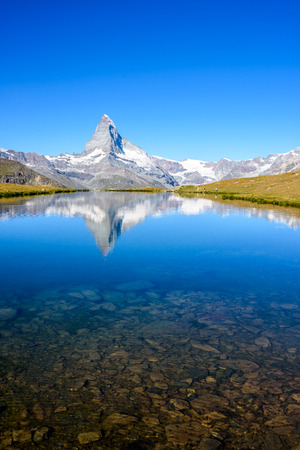 Stellisee - beautiful lake with reflection of Matterhorn - Zermatt, Switzerlandの写真素材