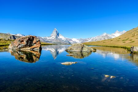 Stellisee - beautiful lake with reflection of Matterhorn - Zermatt, Switzerlandの写真素材