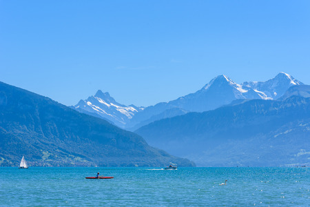 Thuner lake at Thun with beautiful panorama view to mountain scenery - Switzerlandのeditorial素材