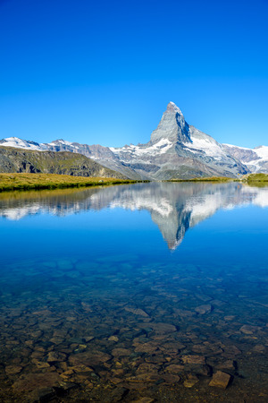 Stellisee - beautiful lake with reflection of Matterhorn - Zermatt, Switzerlandの写真素材