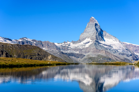 Stellisee - beautiful lake with reflection of Matterhorn - Zermatt, Switzerlandの写真素材