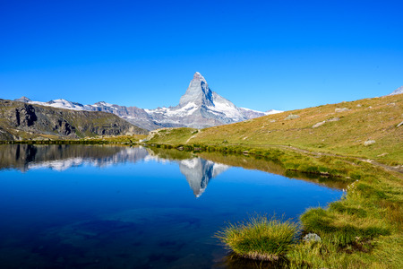 Stellisee - beautiful lake with reflection of Matterhorn - Zermatt, Switzerlandの写真素材