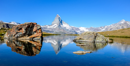 Stellisee - beautiful lake with reflection of Matterhorn - Zermatt, Switzerlandの写真素材