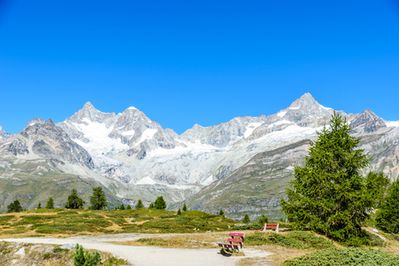 Gruensee (Green lake) with view to Matterhorn mountain - trekking in the mountains near Zermatt in Switzerlandの写真素材