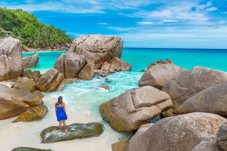 Anse Patates - tropical beach on island La Digue, Seychellesの写真素材