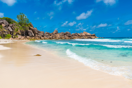 Tropical Grand Anse on island La Digue, Seychellesの写真素材