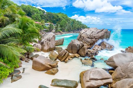 Anse Patates - tropical beach on island La Digue, Seychellesの写真素材