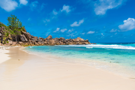 Tropical Grand Anse on island La Digue, Seychellesの写真素材