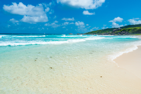 Tropical Grand Anse on island La Digue, Seychellesの写真素材