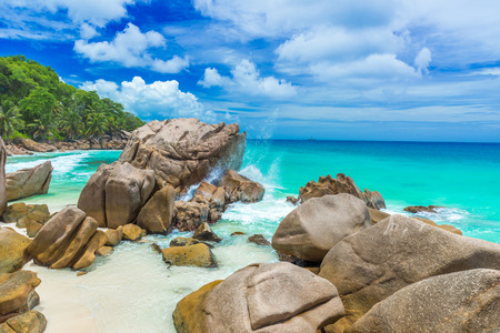 Anse Patates - tropical beach on island La Digue, Seychellesの写真素材