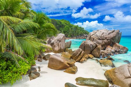 Anse Patates - tropical beach on island La Digue, Seychellesの写真素材