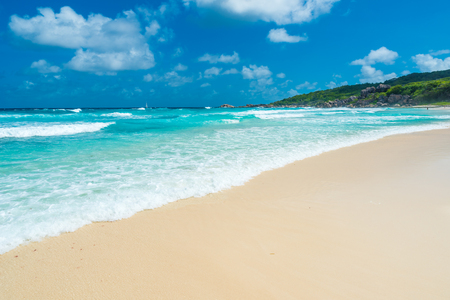 Tropical Grand Anse on island La Digue, Seychellesの写真素材