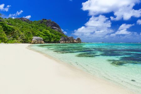 Anse Source d'Argent - Beautiful beach on tropical island La Digue in Seychellesの写真素材